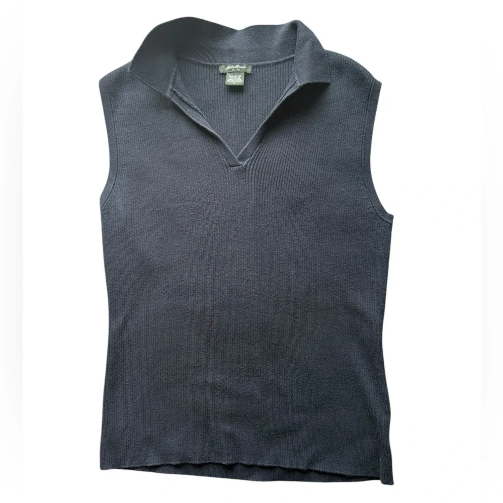 Eddie Bauer women’s size medium black sleeveless collar sweater.